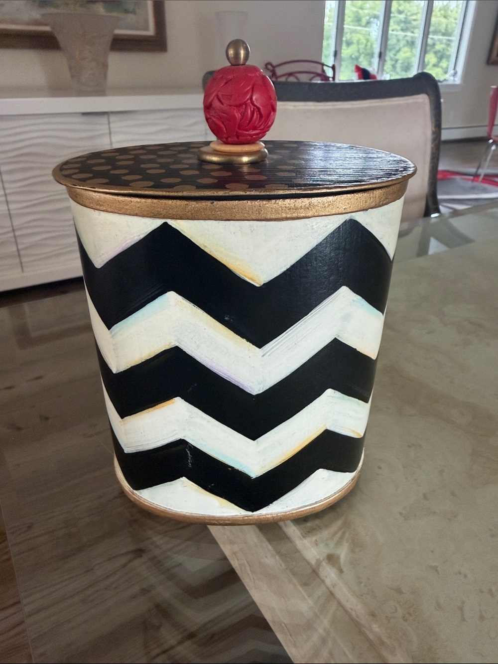 Mackenzie-Child’s Decorative Canister with Gold Lid and Red Knob - Home Accents